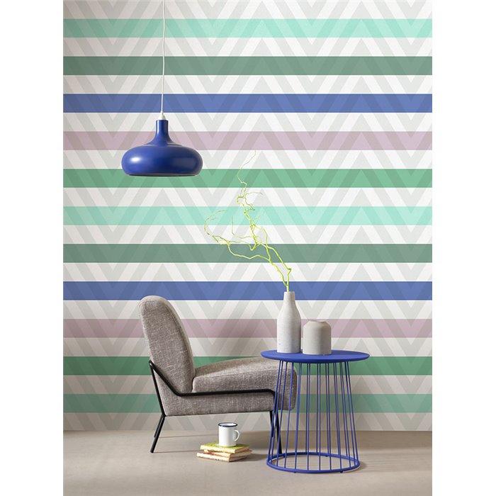 Casadeco|Horizontal green, blue, and lilac striped wallpaper|Stripes