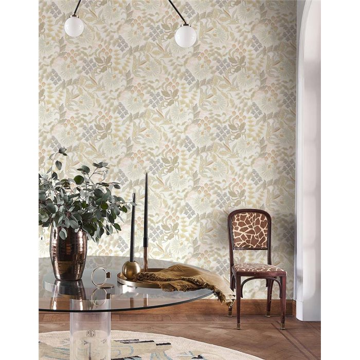 Casadeco|Papel pintado floral estilo inglés blanco y beige|Floral