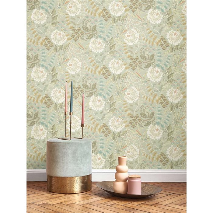 Casadeco|Elegante florale Tapete in Mandelgrün, englischer Stil|Blumen
