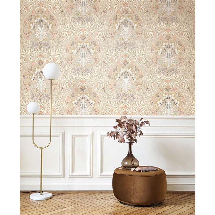 Casadeco|Papel pintado floral estilo inglés beige con forma de escudo heráldico|Floral