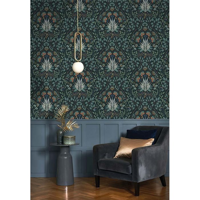 Casadeco|Elegante Blumentapete in Pfauenblau, englischer Stil|Blumen