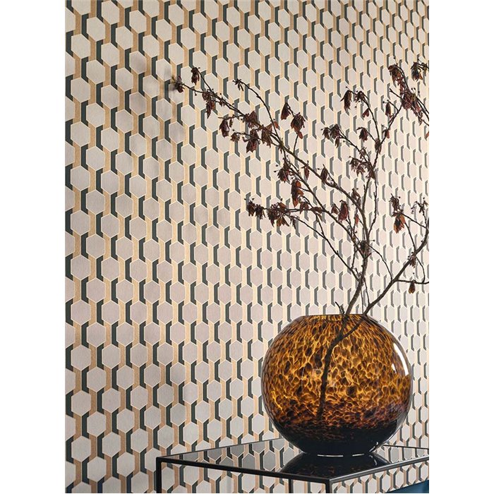Casadeco|3D honeycomb design wallpaper with a refined golden touch|Geometric