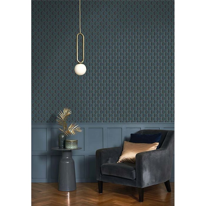 Casadeco|3D graphic honeycomb pattern wallpaper in peacock blue|Blue