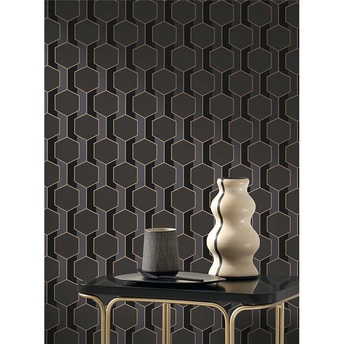 Casadeco|3D geometric black wallpaper with an elegant golden touch|Geometric
