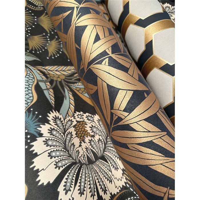 Casadeco|Botanical wallpaper with fern branches in black and brown|Wallpaper