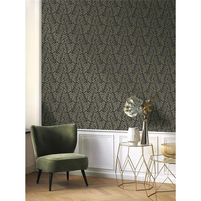 Casadeco|Papier peint botanique style anglais avec branches de fougères vert kaki|Papier Peint