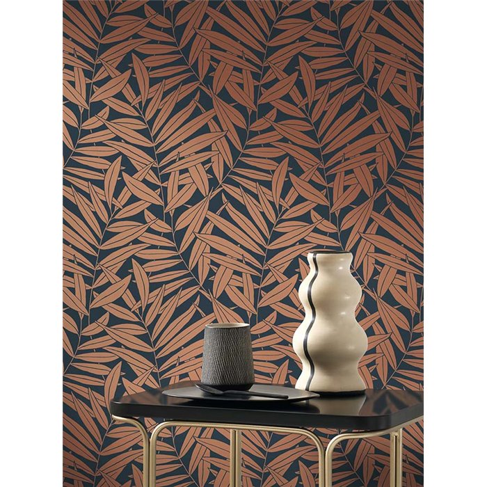 Casadeco|Botanische Tapete mit Farnzweigen in Rostfarbe|Tapeten