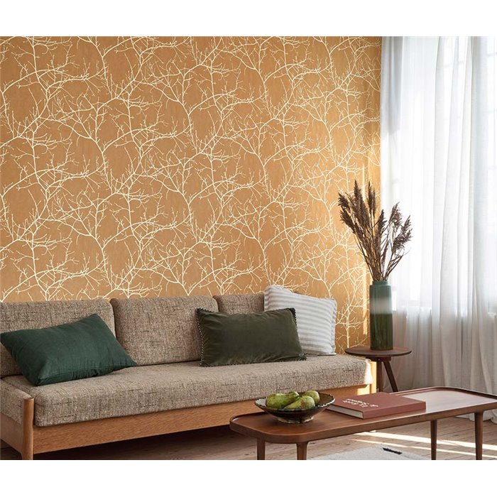 Casadeco|Papel pintado ramas de árboles deshojadas estilo escandinavo amarillo miel|Floral