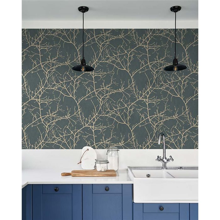Casadeco|Papier peint scandinave bleu avec branches d’arbres hivernales bleues|Scandinave