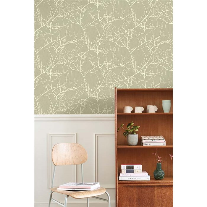 Casadeco|Papier peint avec branches d’arbres dénudées vert style nordique|Scandinave