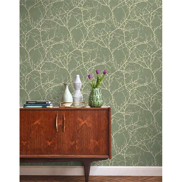 Casadeco|Papier peint style nordique avec arbres dénudés vert eucalyptus|Floral