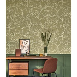 Casadeco|Papier peint avec branches d’arbres dénudées vert style nordique|Scandinave 2