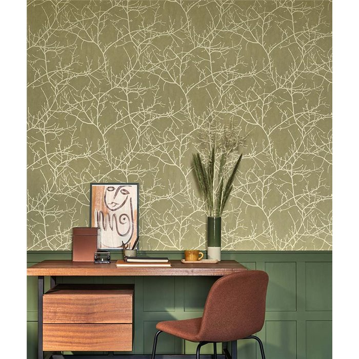 Casadeco|Papier peint floral minimaliste avec branches d’arbres dénudées vert olive|Floral