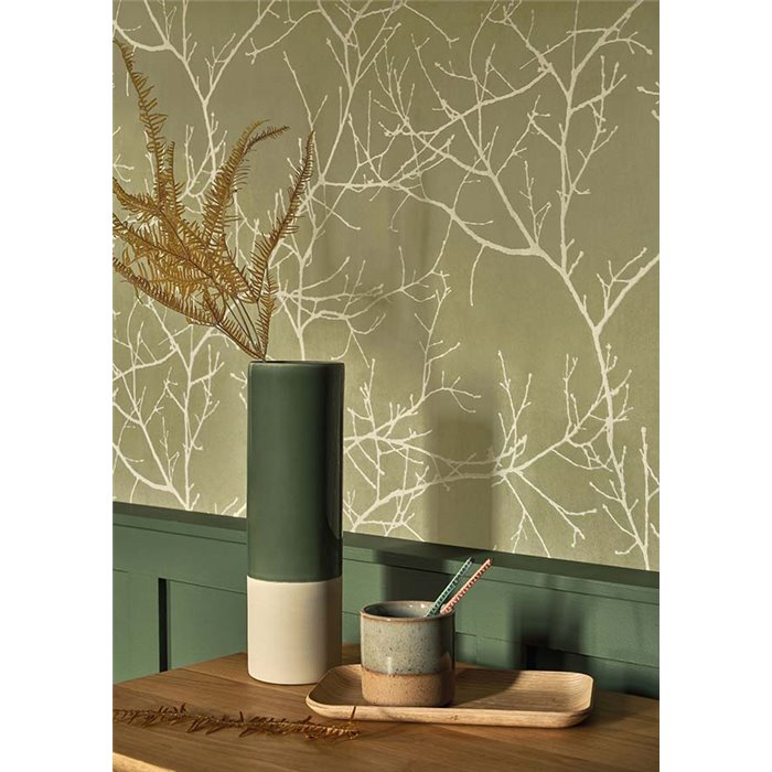 Casadeco|Minimalistische florale Tapete mit kahlen Baumzweigen in Olivgrün|Blumen