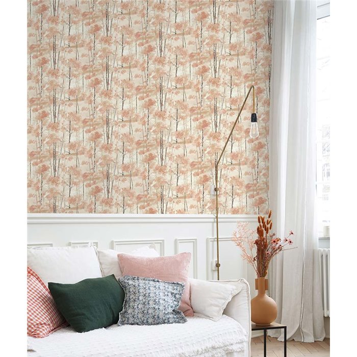 Casadeco|Papier peint scandinave avec forêt de bouleaux à l’huile orange|Papier Peint