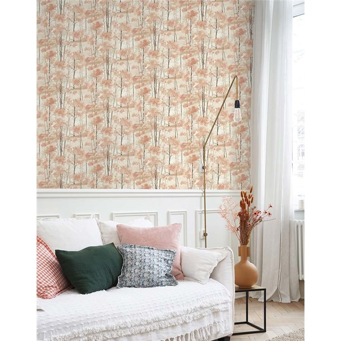 Casadeco|Papel pintado escandinavo con bosque de abedules al óleo naranja|Papel Pintado