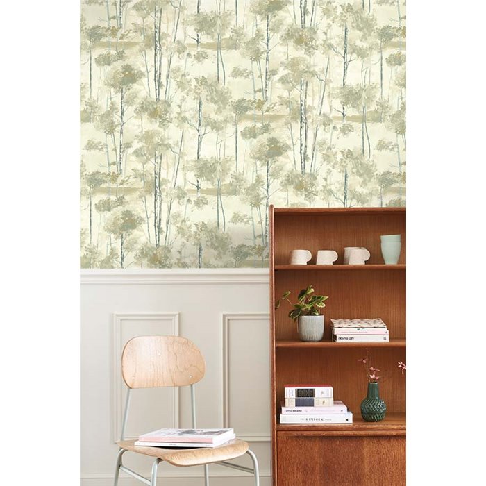 Casadeco|Nordische Tapete mit grünem Birkenwald|Tapeten