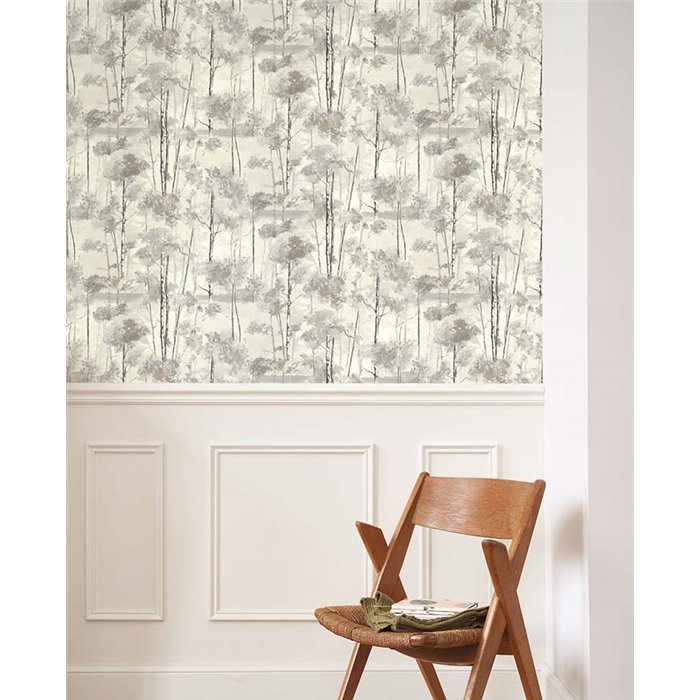 Casadeco|Papel pintado floral estilo nórdico con árboles al óleo gris|Escandinavo