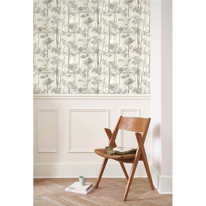 Casadeco|Papel pintado floral estilo nórdico con árboles al óleo gris|Escandinavo