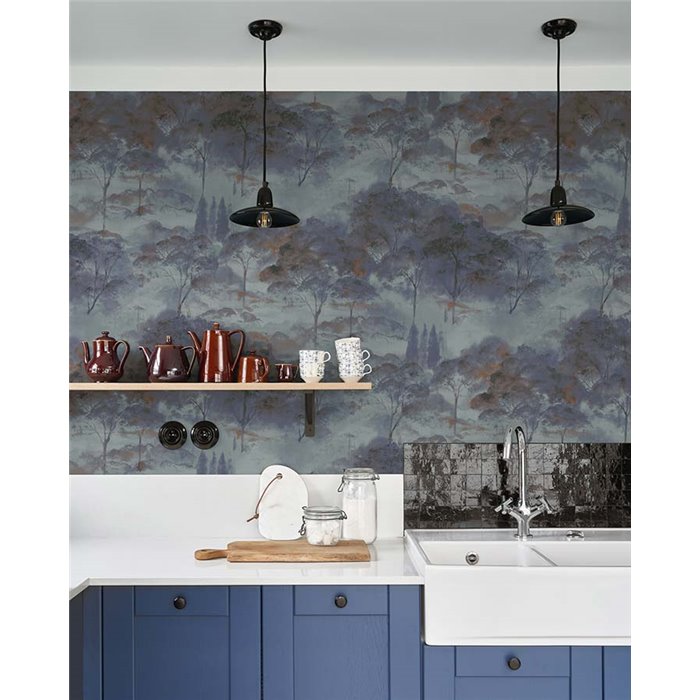 Casadeco|Papel pintado paisaje de bosque nocturno azul|Papel Pintado