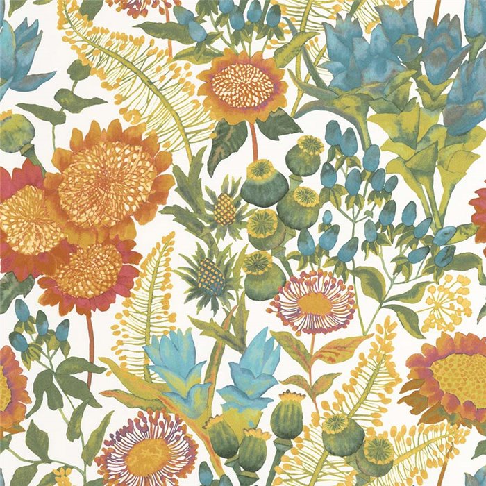 Casadeco|Papel pintado girasoles y otras flores silvestres, colores alegres multicolor|Flores Vintage