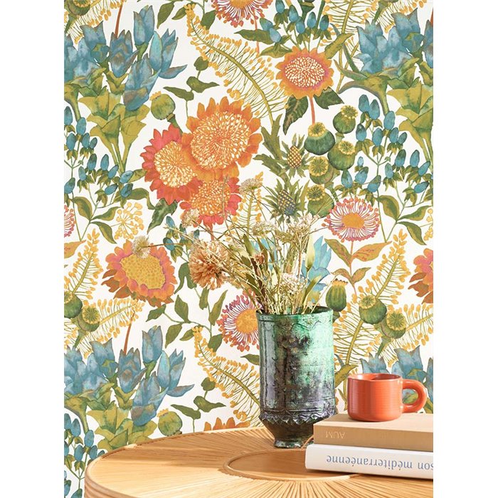 Casadeco|Papel pintado girasoles y otras flores silvestres, colores alegres multicolor|Flores Vintage