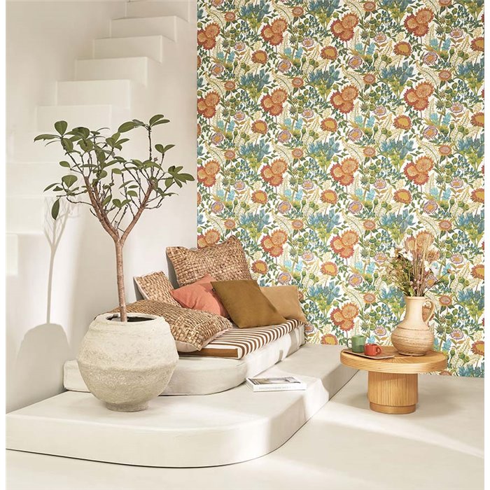 Casadeco|Papel pintado girasoles y otras flores silvestres, colores alegres multicolor|Flores Vintage