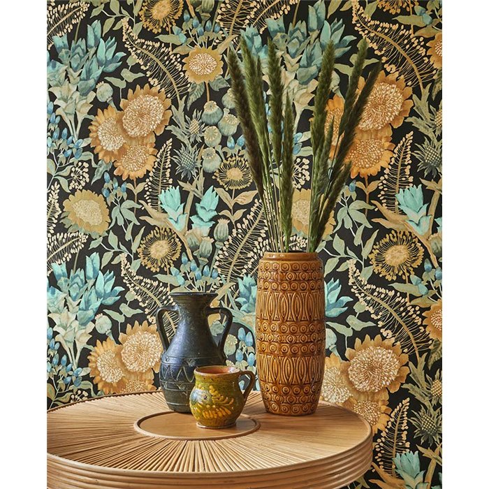 Casadeco|Papel pintado girasoles y otras flores silvestres estilo rústico|Flores Vintage