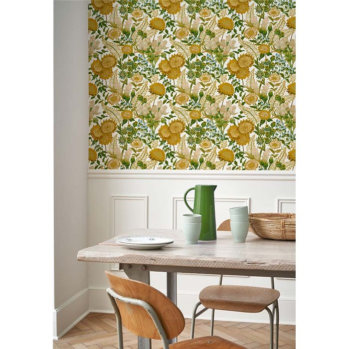 Casadeco|Tapete mit gelben und grünen Sonnenblumen, Wildblumenmuster|Vintage Blumen
