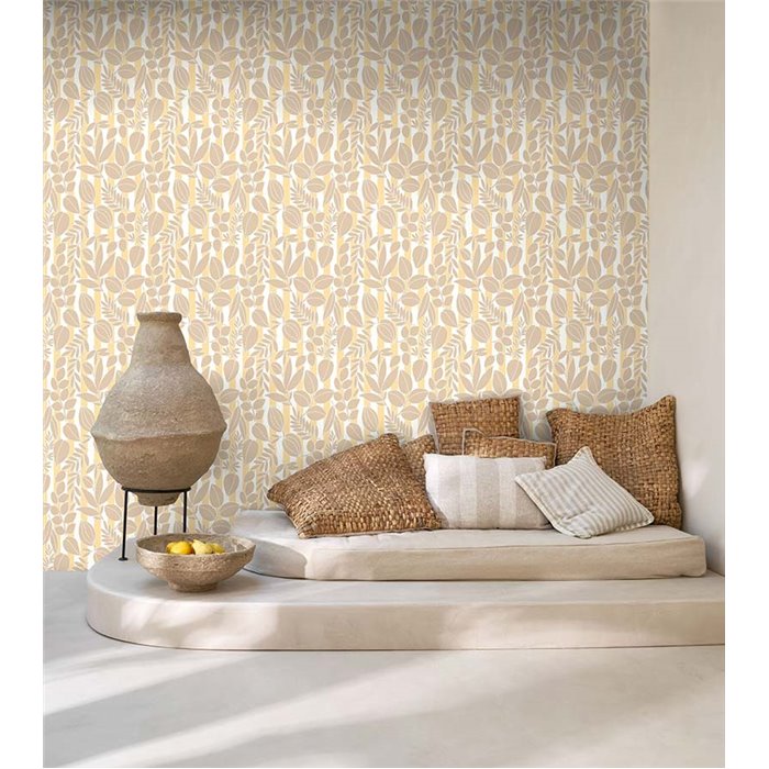 Casadeco|Papier peint style méditerranéen avec fleurs et rayures côtières blanc et beige|Papier Peint