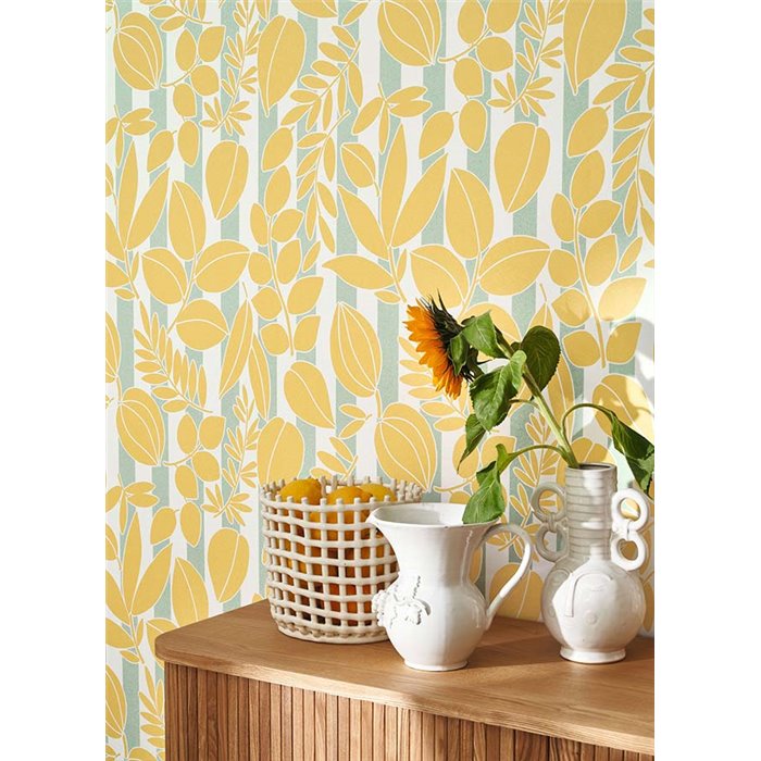 Casadeco|Yellow flower wallpaper with green stripes from the French Riviera|Wallpaper
