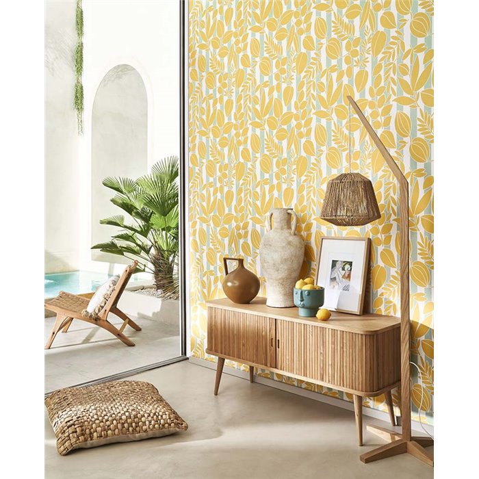 Casadeco|Yellow flower wallpaper with green stripes from the French Riviera|Wallpaper