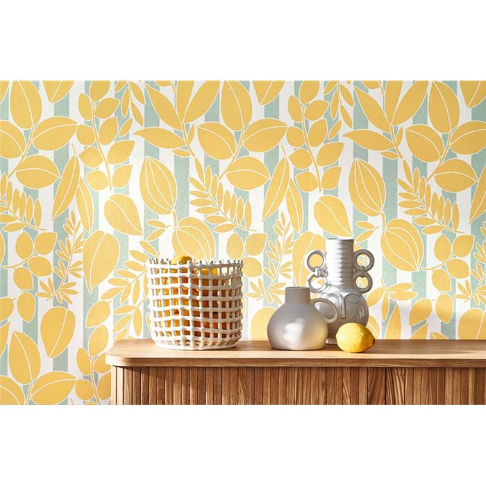 Casadeco|Yellow flower wallpaper with green stripes from the French Riviera|Wallpaper