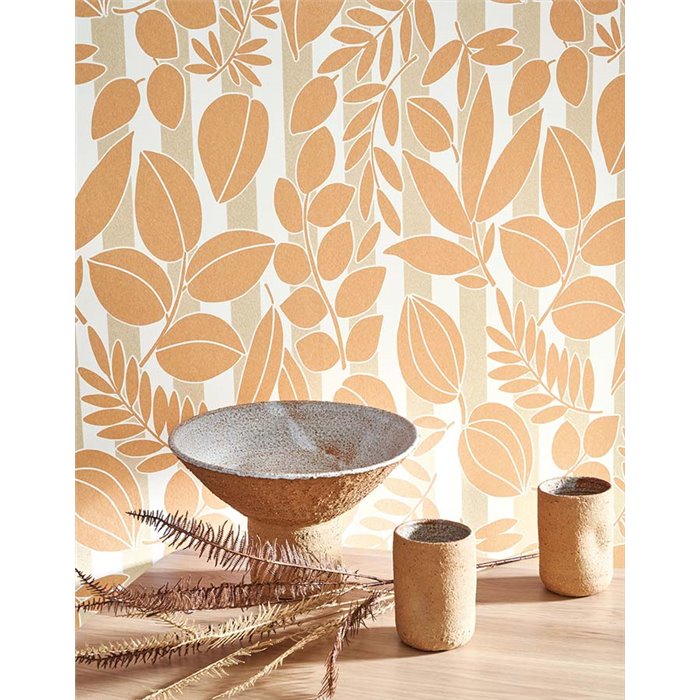 Casadeco|Mediterranean-style floral wallpaper in orange tones|Wallpaper