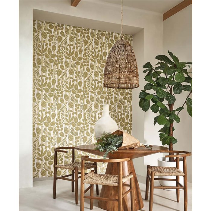 Casadeco|Papier peint méditerranéen avec fleurs et rayures côtières tons verts|Papier Peint