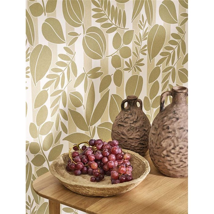 Casadeco|Papel pintado mediterráneo con flores y rayas costeras tonos verdes|Papel Pintado