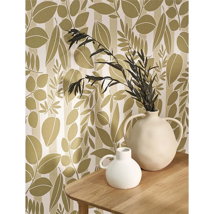 Casadeco|Mediterranean wallpaper with flowers and coastal green stripes|Wallpaper