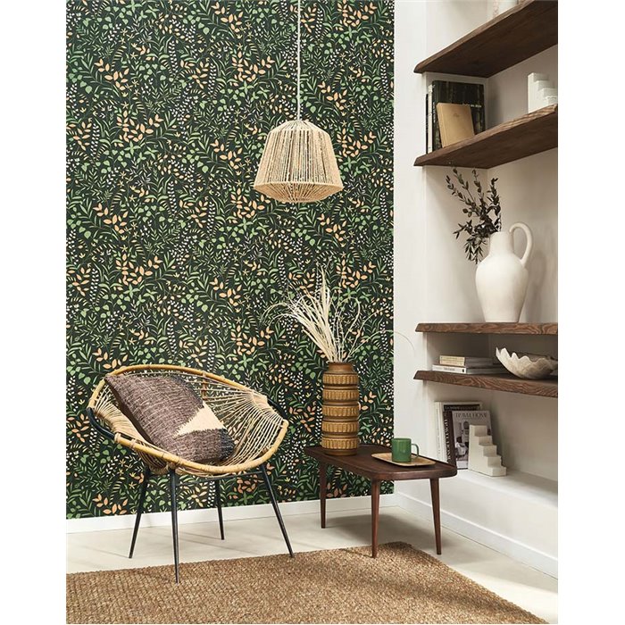 Casadeco|Green flower print wallpaper for Mediterranean-style living room|Wallpaper