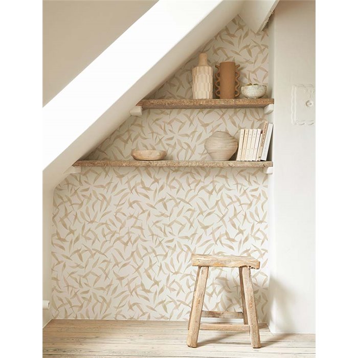 Casadeco|Papel pintado floral minimalista, hojas de olivo esparcidas beige|Papel Pintado