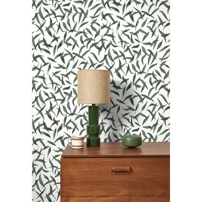 Casadeco|Papier peint floral style aquarelle avec feuilles d’olivier blanches et vertes|Papier Peint