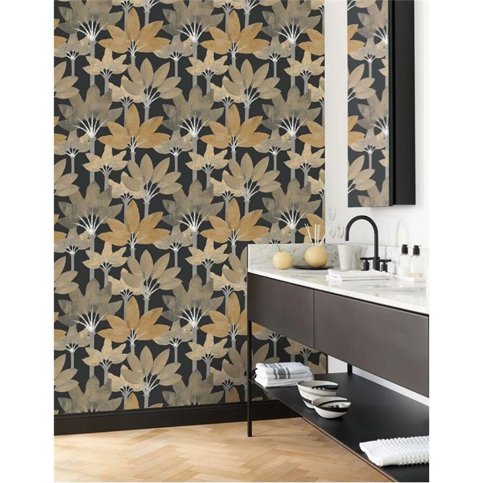 Casadeco|Tapete mit eleganten schwarzen Palmen|Blumen