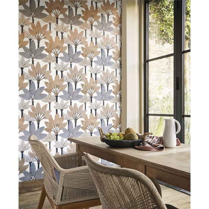Casadeco|Modern wallpaper with blue and beige palm trees|Floral
