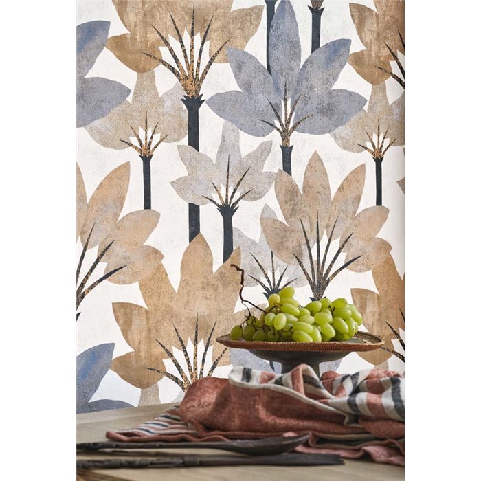 Casadeco|Modern wallpaper with blue and beige palm trees|Floral