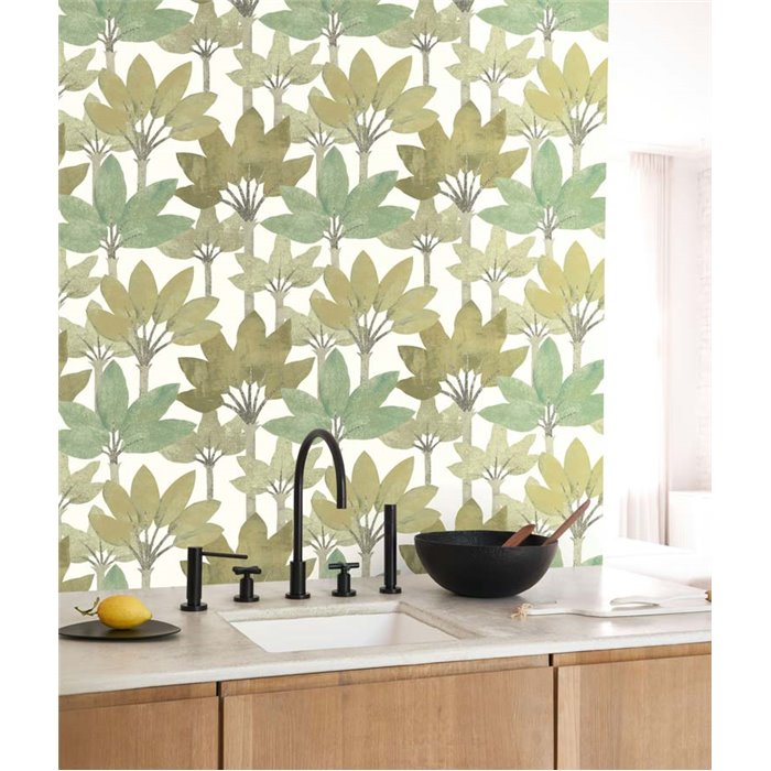Casadeco|Moderne Tapete mit grünen und weißen Palmen|Blumen