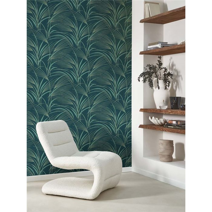 Papel pintado flores modernas con hojas de palma azul y verde - Casadeco Babylone 89726788