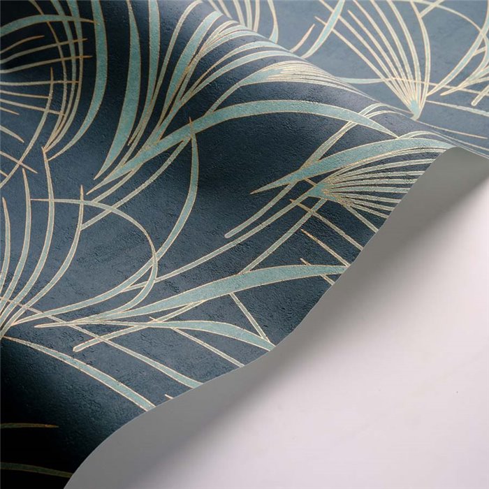 Casadeco|Moderne Blumentapete mit blauen und grünen Palmenblättern|Blumen