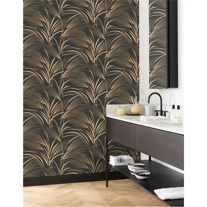 Casadeco|Moderne Blumentapete mit schwarzen und beigen Palmenblättern|Blumen