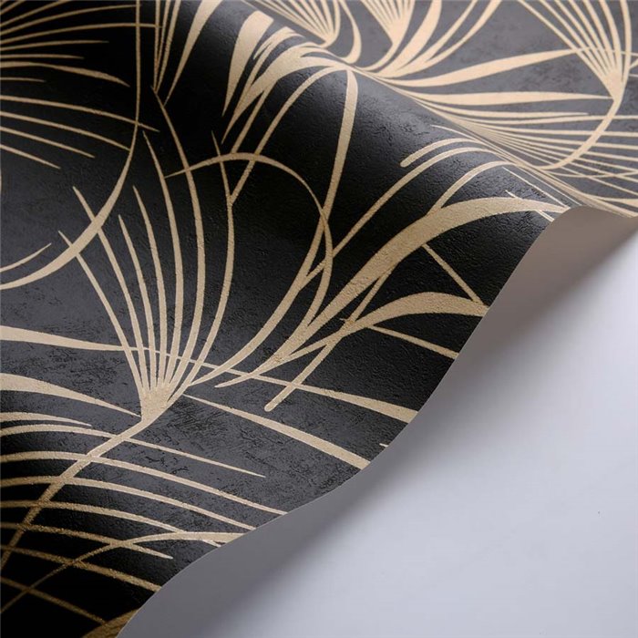 Casadeco|Papier peint floral moderne avec feuilles de palmier noir et beige|Floral