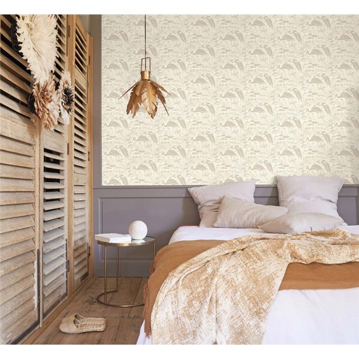 Casadeco|Papier peint hérons dans un lagon, style vintage|Papier Peint
