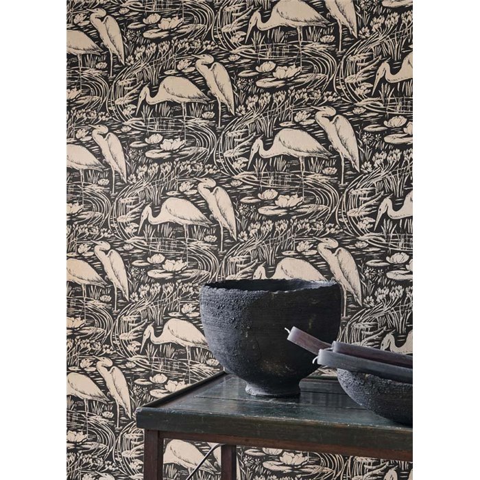 Casadeco|Tapete mit schwarzen Reihern, Vintage-Stil|Tapeten